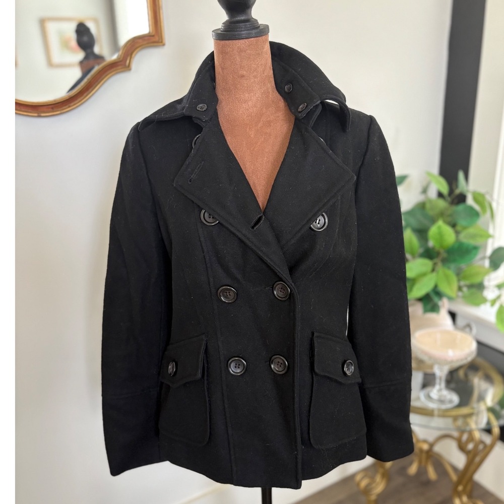 Guess Black Wool Blend Pea Coat Women's Double Breasted Jacket Sm‎